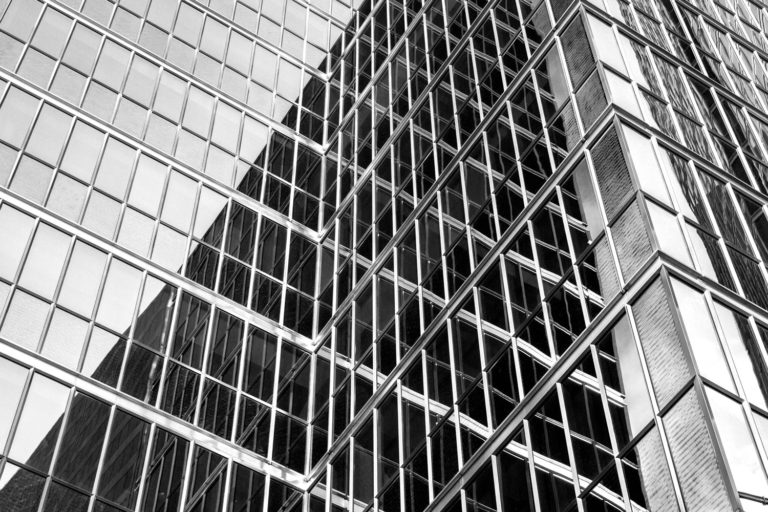 black and white building glass windows