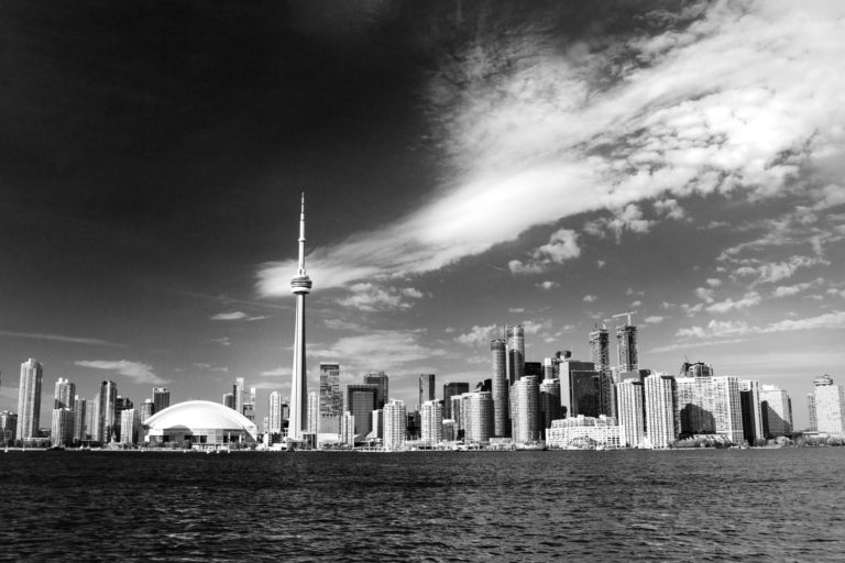 black and white city skyline