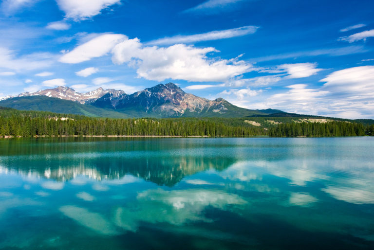 mountains lake blue sky reflection