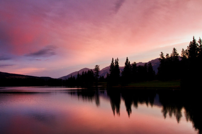 mountains lake pink sky sunrise