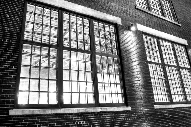 black and white building window