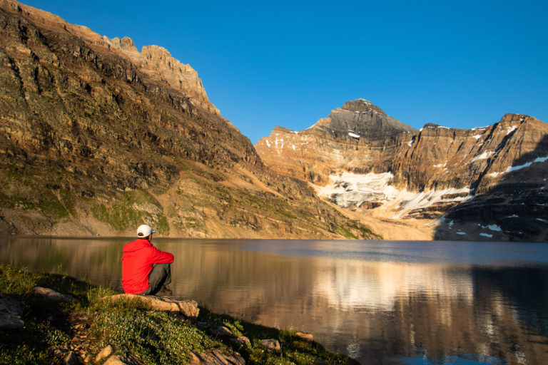 Hiking mountains lake sunset