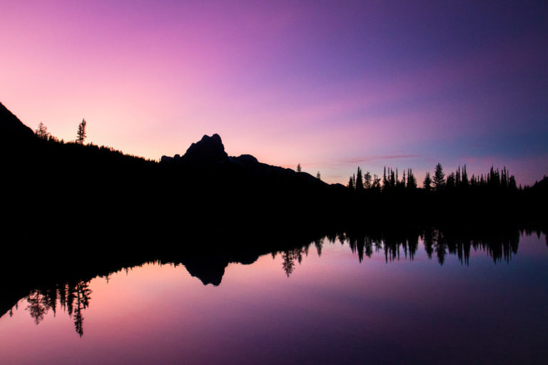 sunset pink lake mountain reflection