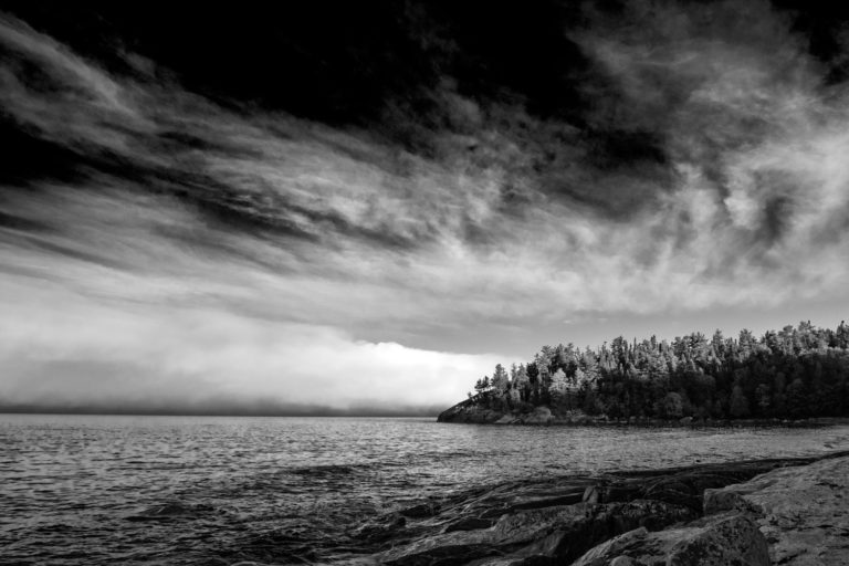 Black and white fog lake