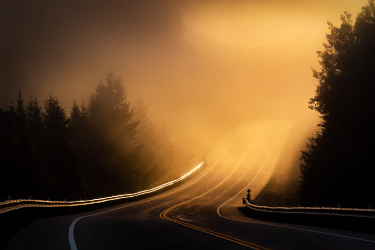 road fog sunrise