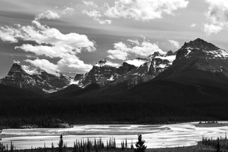 Black and white mountains river