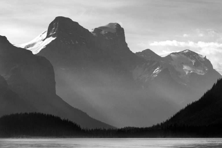 Black and white mountains lake