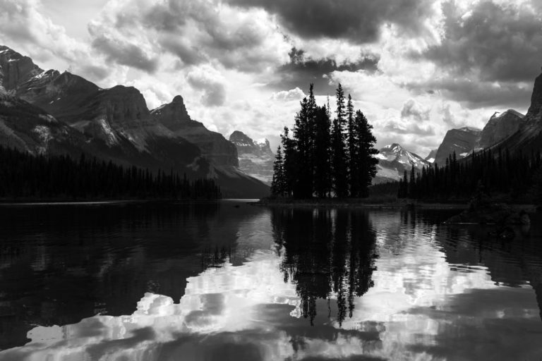 Black and white mountains lake reflection