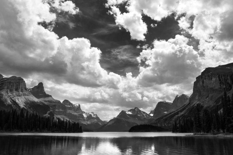 Black and white mountains clouds lake