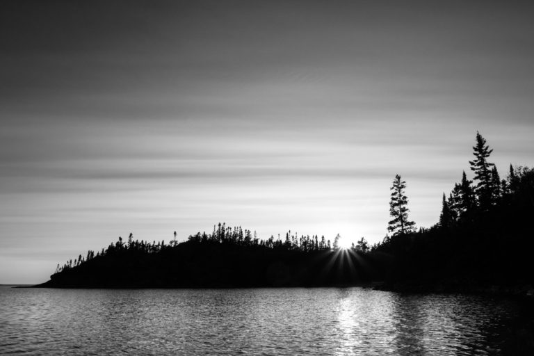 Black and white sunset lake