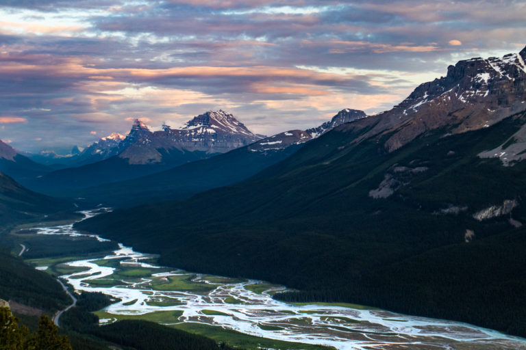 mountain river clouds sunset