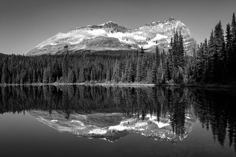 Black and white mountains lake reflection