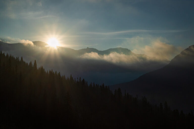 mountains forest sunrise